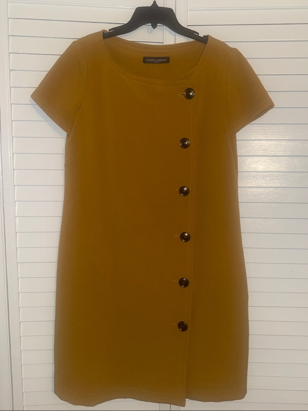 Sandro Mustard Short-Sleeve Shift Dress with Asymmetric Button Detail